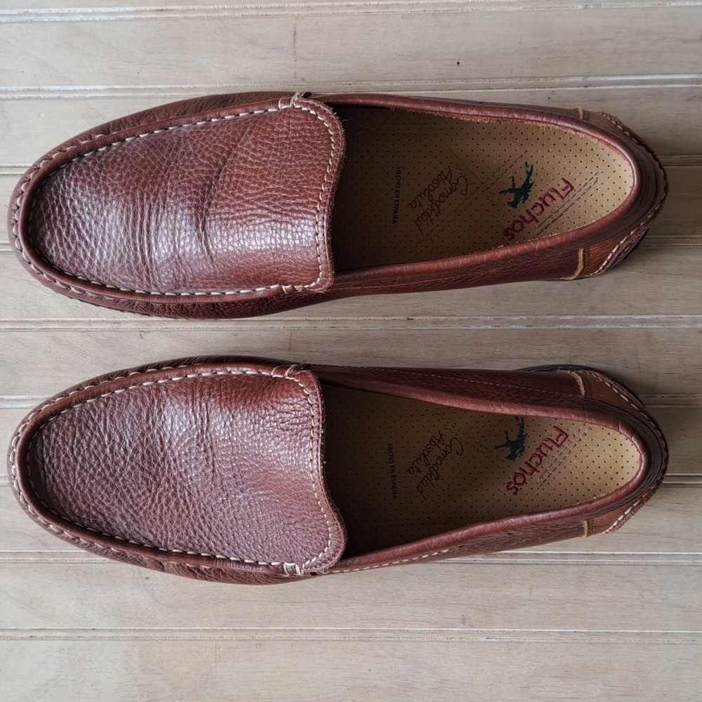 Fluchos Brown Pebbled Leather Loafers Moccasin Style Slip-Ons Comfort